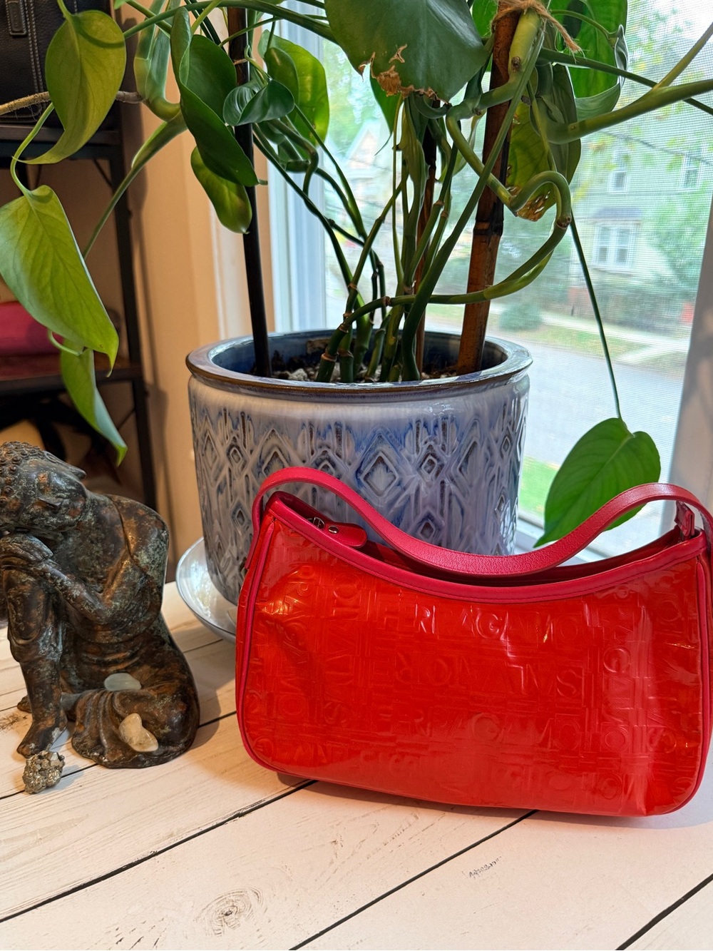 Salvatore Ferragamo | Y2K Red Patent Leather Embossed Logo Mini Baguette/Hobo